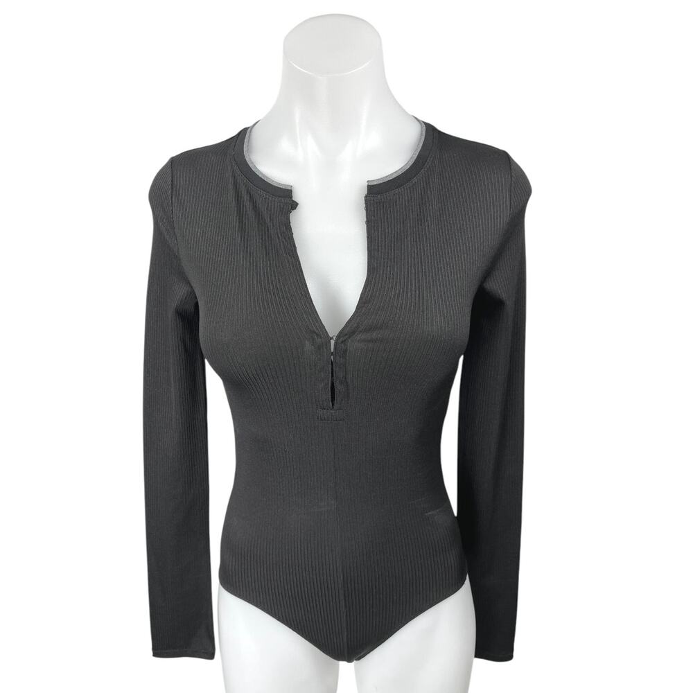 Rag & Bone Mica Black Rib Knit Long Sleeve Hook & Eye Bodysuit Sweater Top Sz S